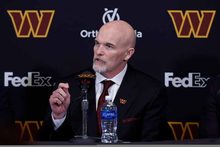 Feb 5, 2024; Ashburn, VA, USA; Washington Commanders head coach Dan Quinn speaks at his introductory press conference at Commanders Park.